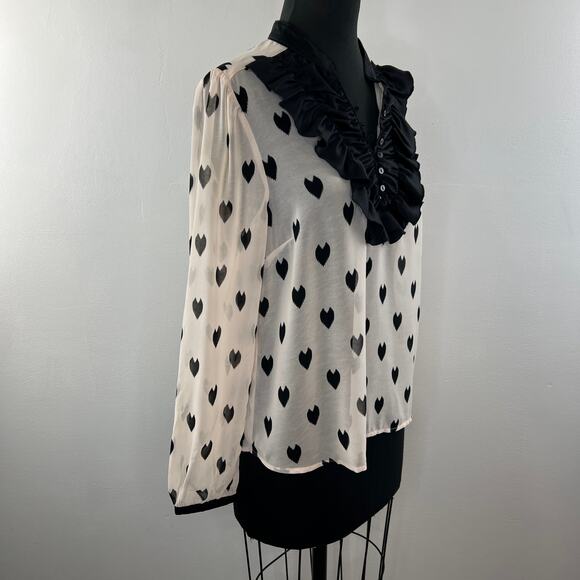 H&M Divided Beige Black Heart Ruffle Neckline Button-Down Long Sleeve Blouse M? - Picture 4 of 6